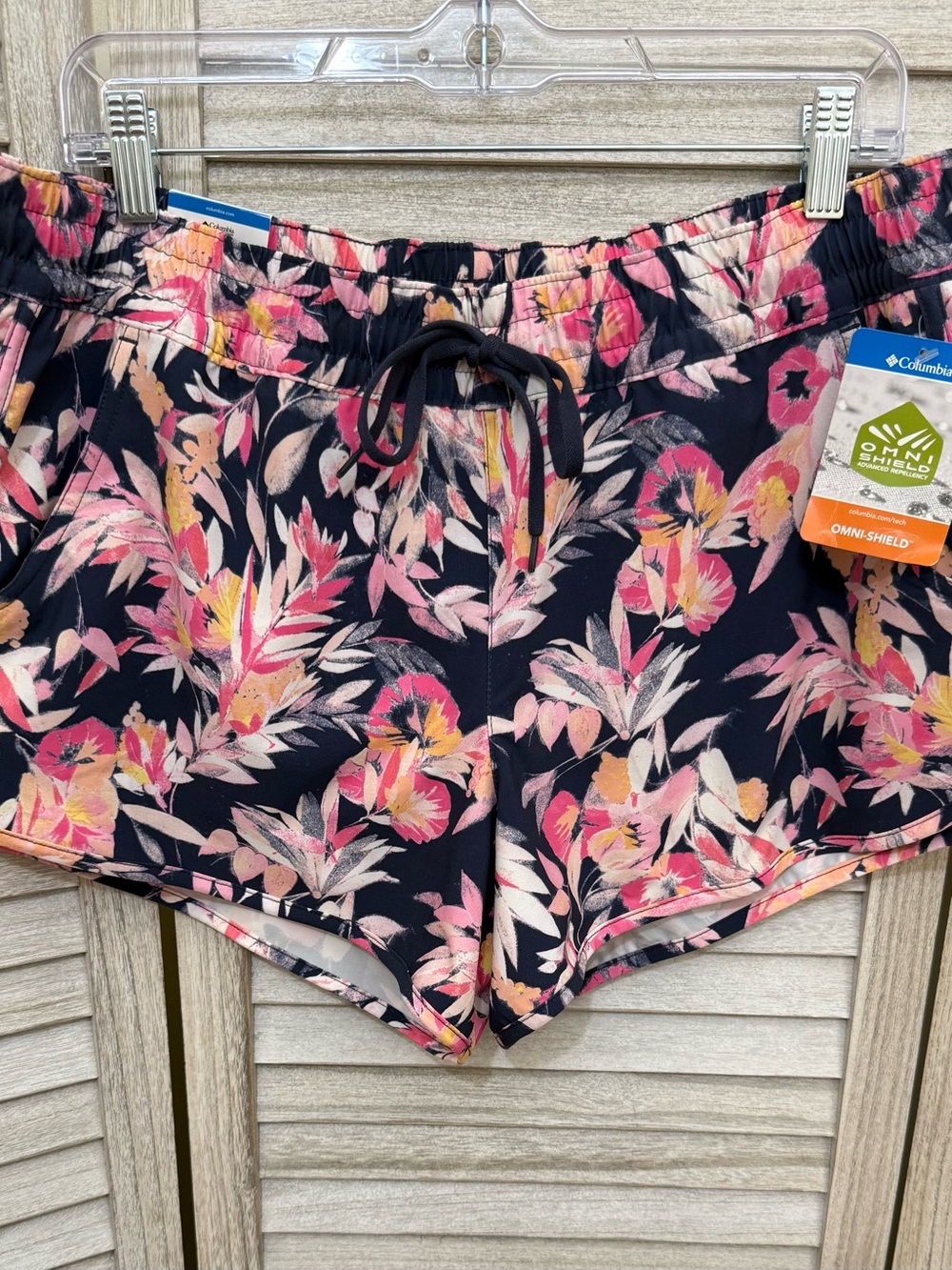 Columbia Navy Floral Athletic Shorts with Pink & Yellow Print